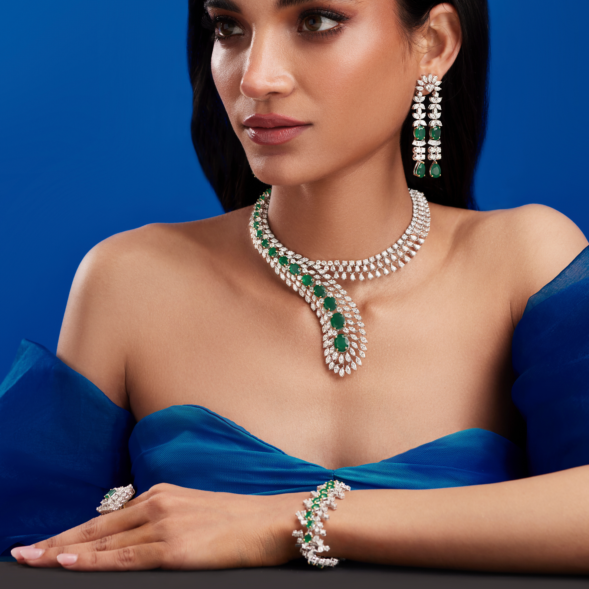 Emerald Cascade Diamond Set – Necklace & Earrings