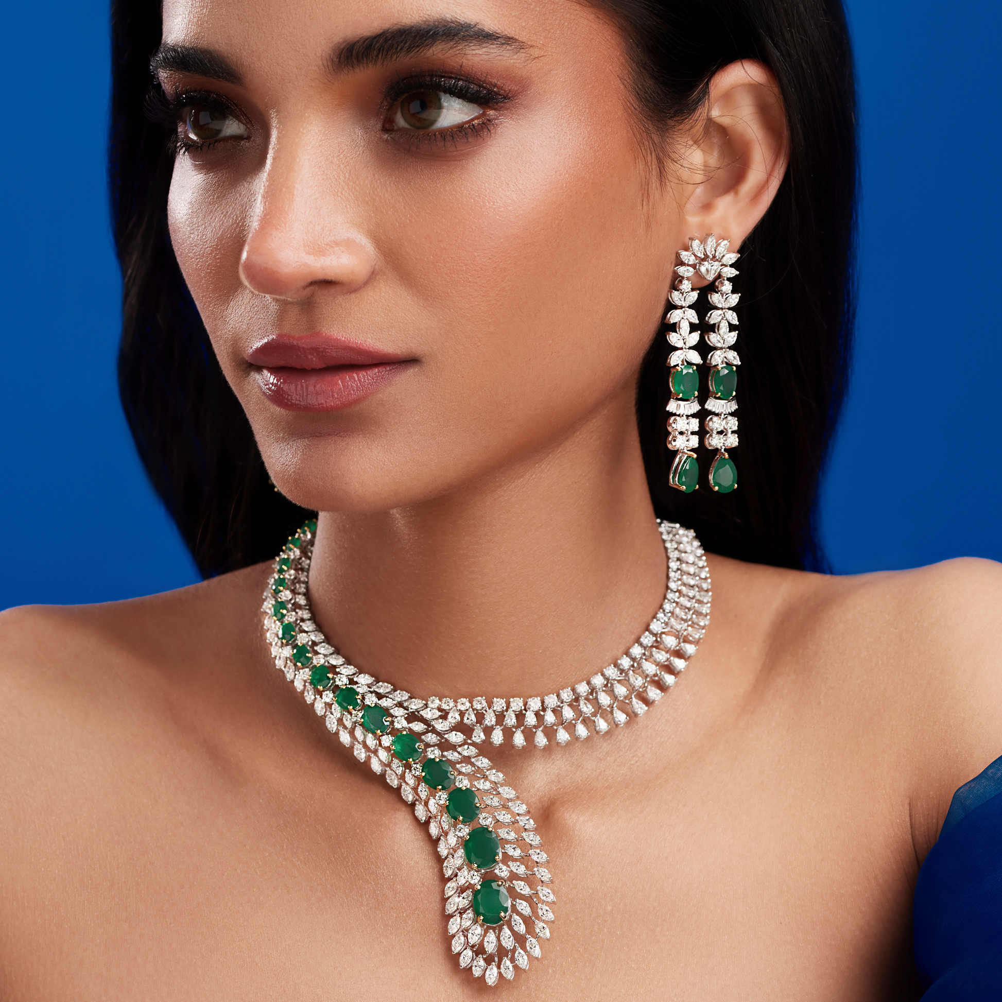 Emerald Cascade Diamond Set – Necklace & Earrings