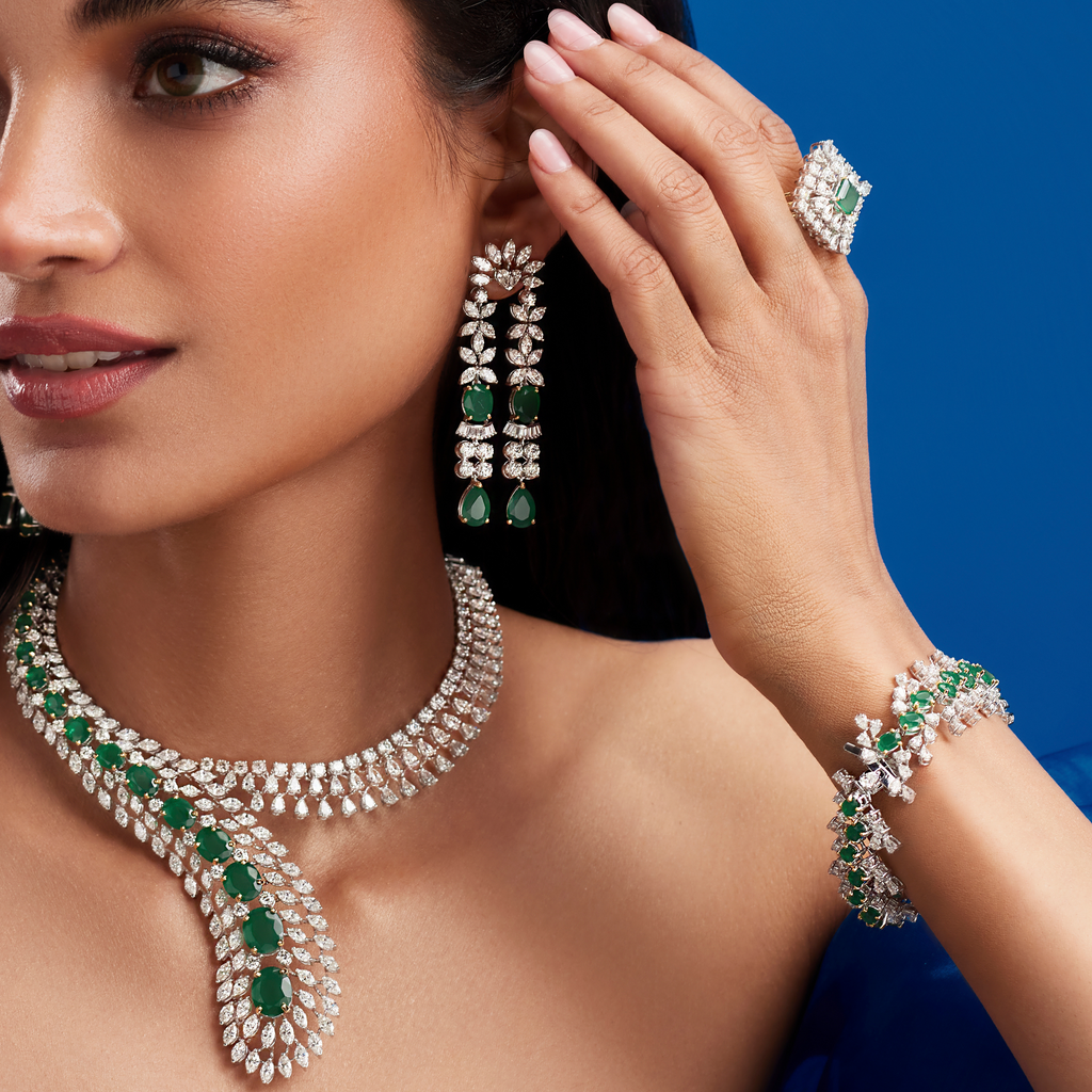 Emerald Cascade Diamond Set – Necklace & Earrings