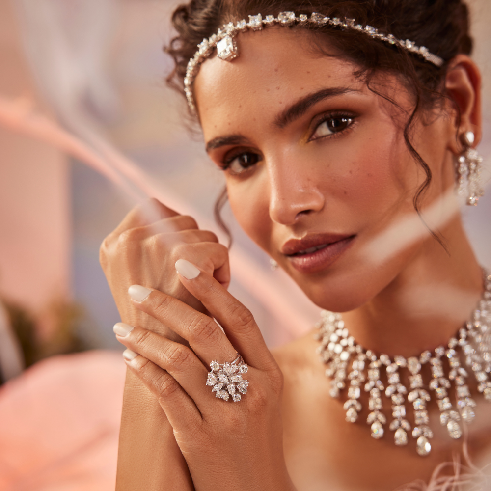 Starlight Diamond Ensemble – Necklace, Ring, Earrings & Maang Tikka Set