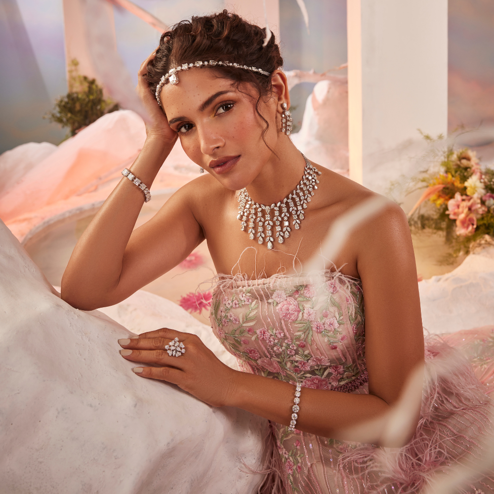 Starlight Diamond Ensemble – Necklace, Ring, Earrings & Maang Tikka Set