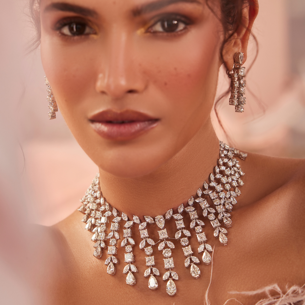 Starlight Diamond Ensemble – Necklace, Ring, Earrings & Maang Tikka Set