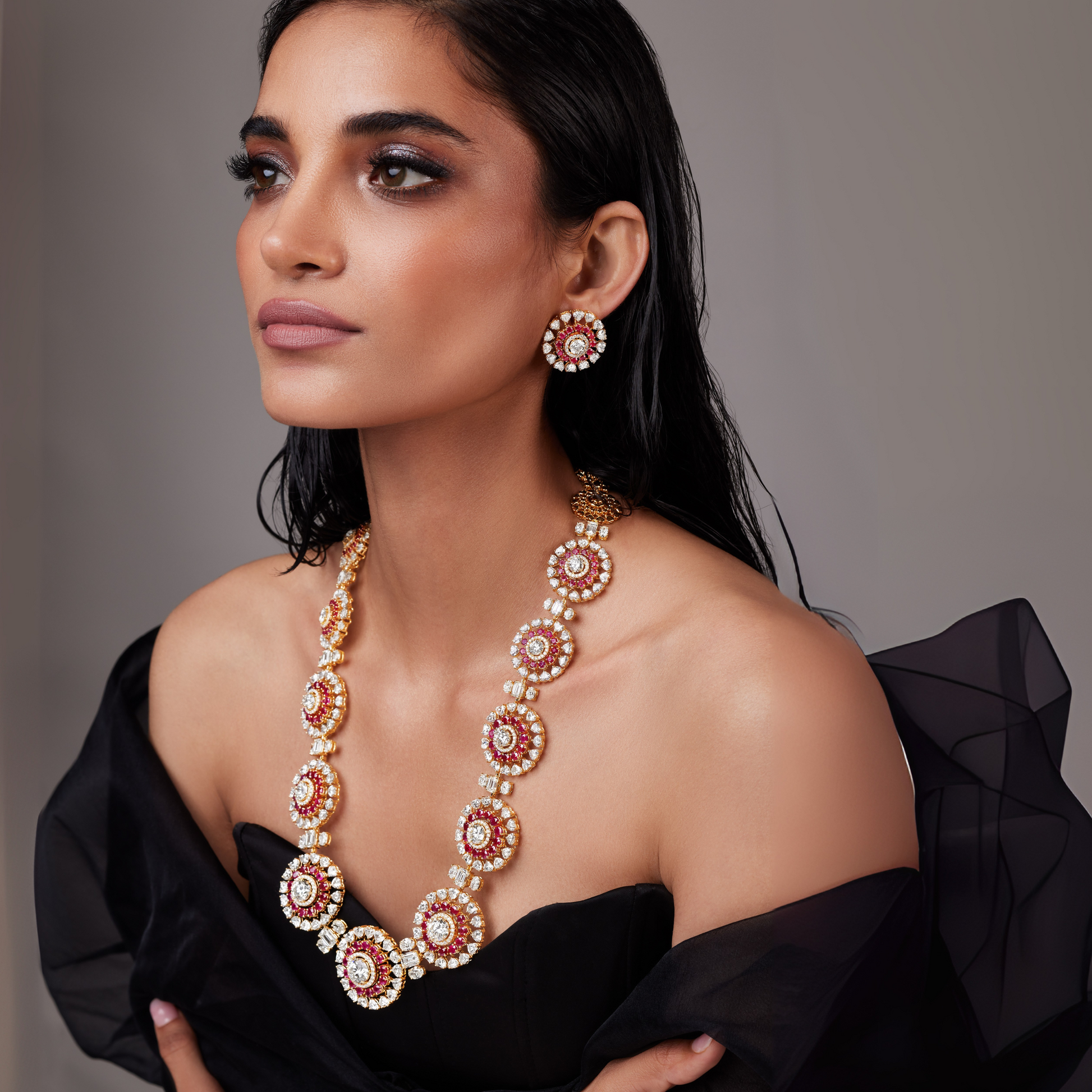 Heritage Ruby & Diamond Medallion Set – Necklace & Earrings