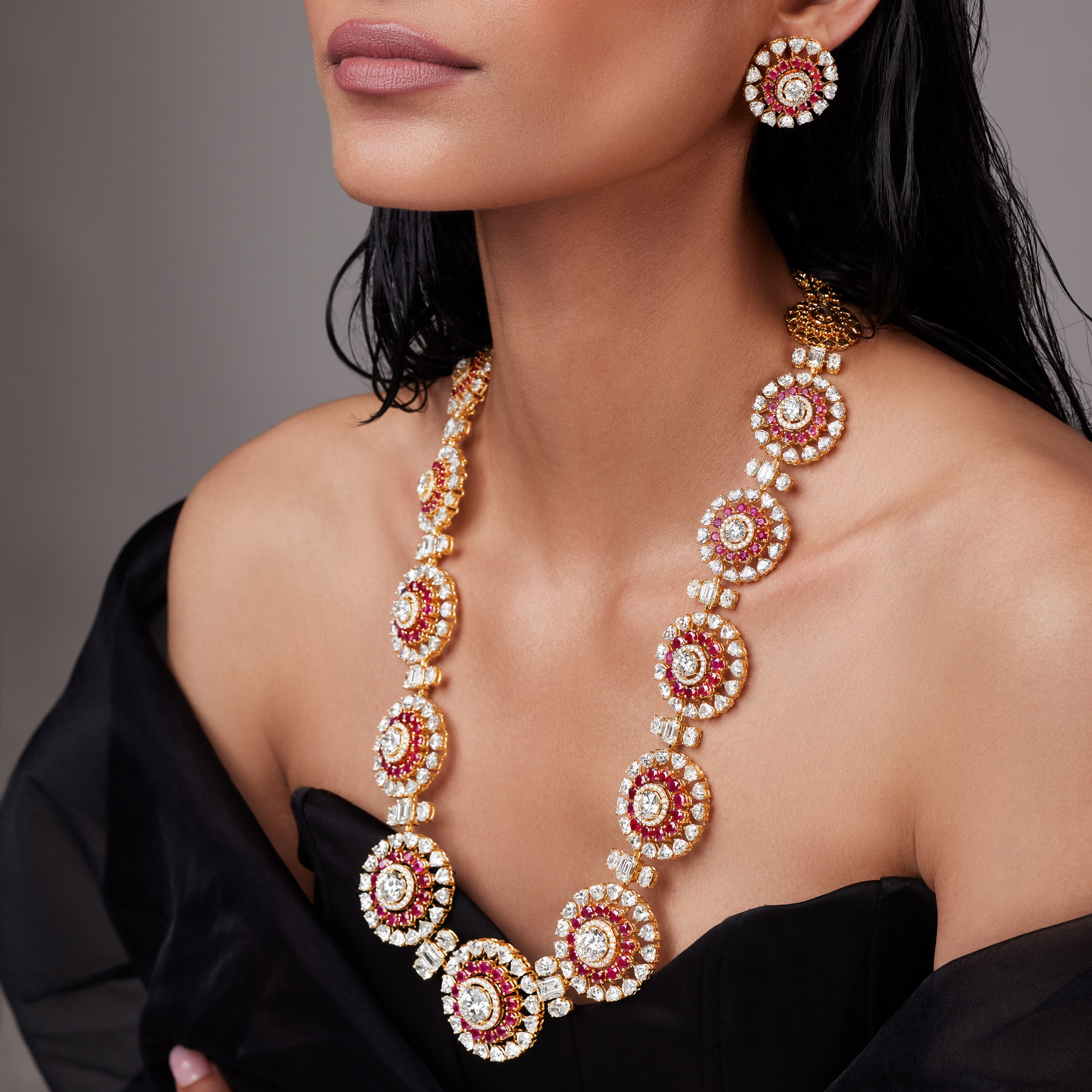 Heritage Ruby & Diamond Medallion Set – Necklace & Earrings