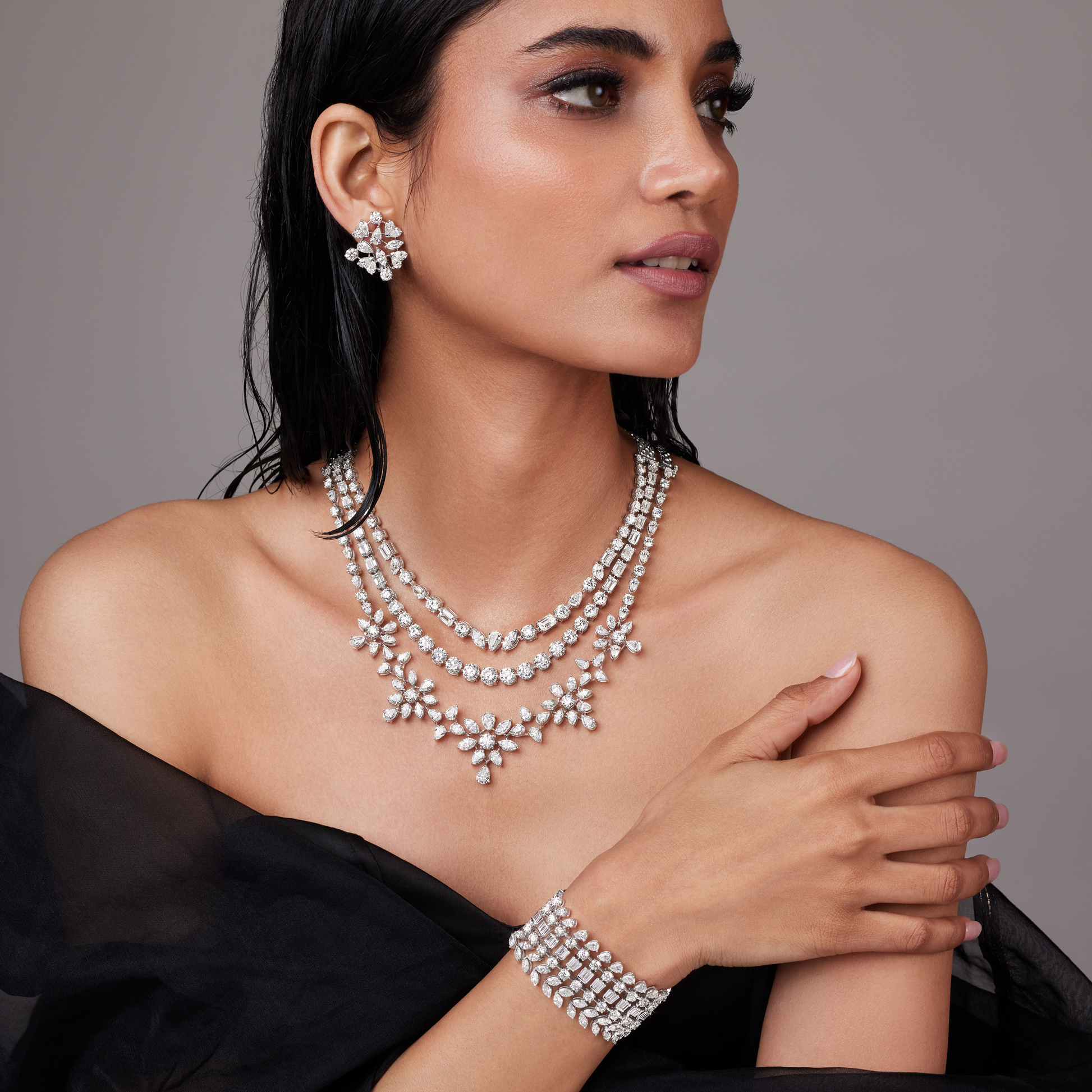 Celestial Bloom Diamond Ensemble – Necklace, Earrings & Bracelet