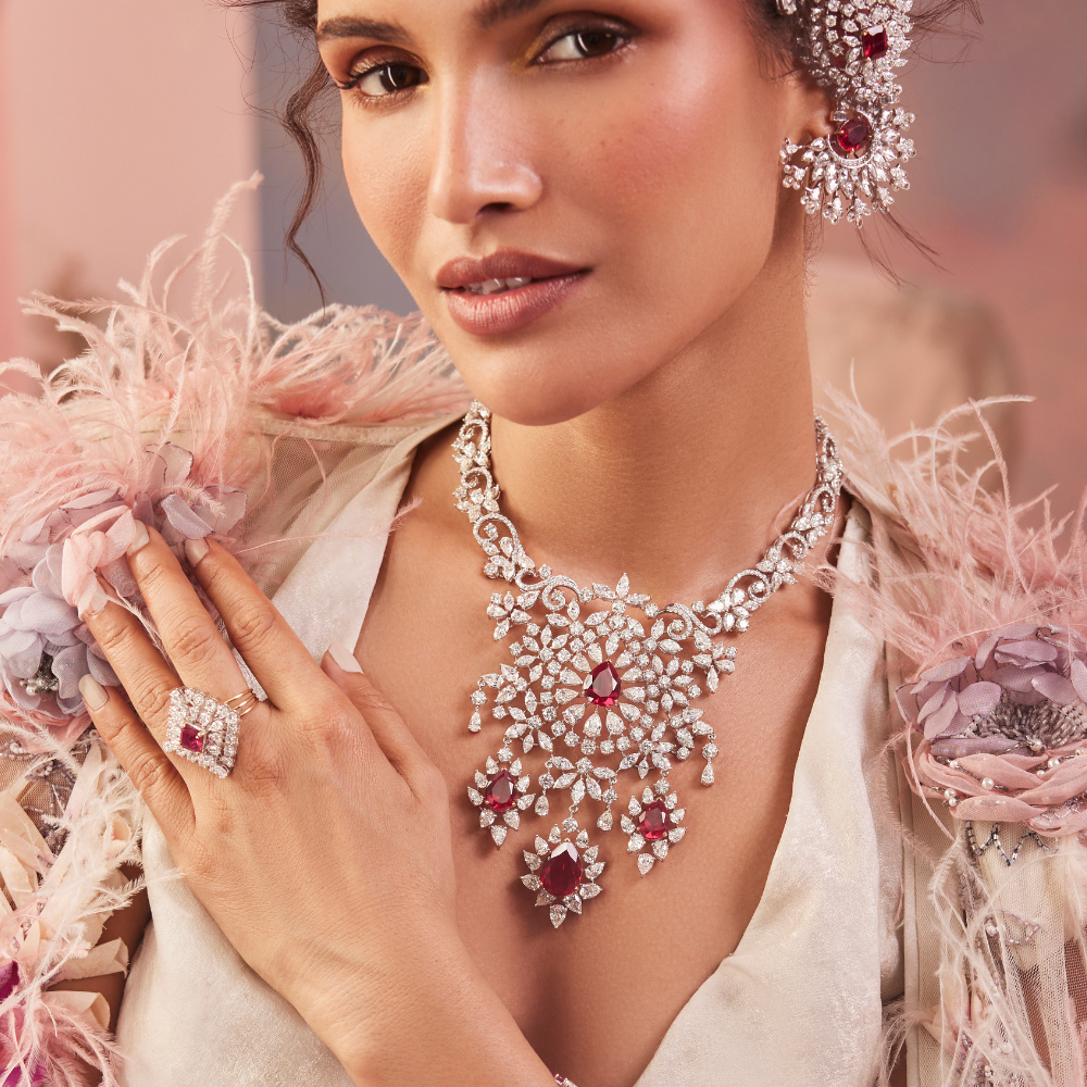 Royal Bloom Ruby & Diamond Set – Necklace, Earrings & Ring