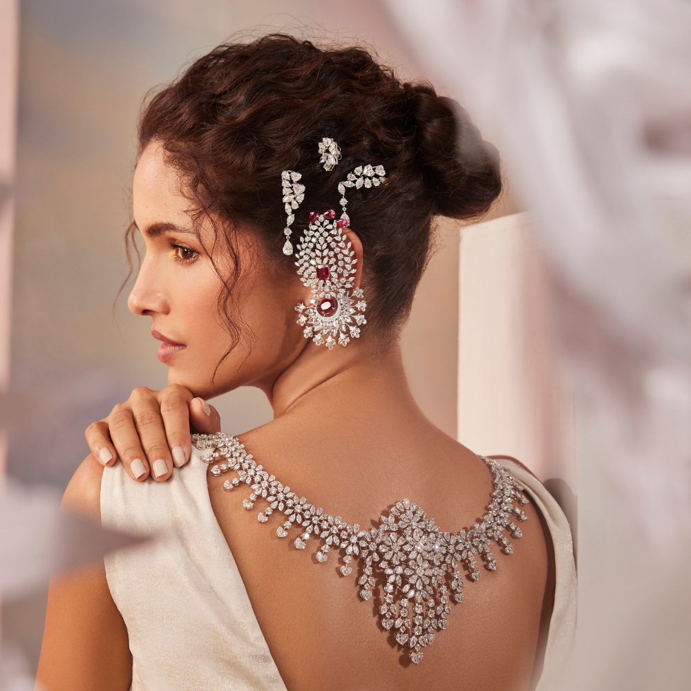 Imperial Bloom Back Necklace & Ear Cuff Set – Diamond & Ruby