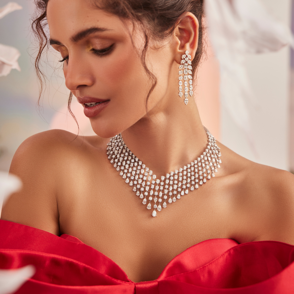 Crystal Cascade Diamond Set – Necklace, Earrings, Bracelet & Ring