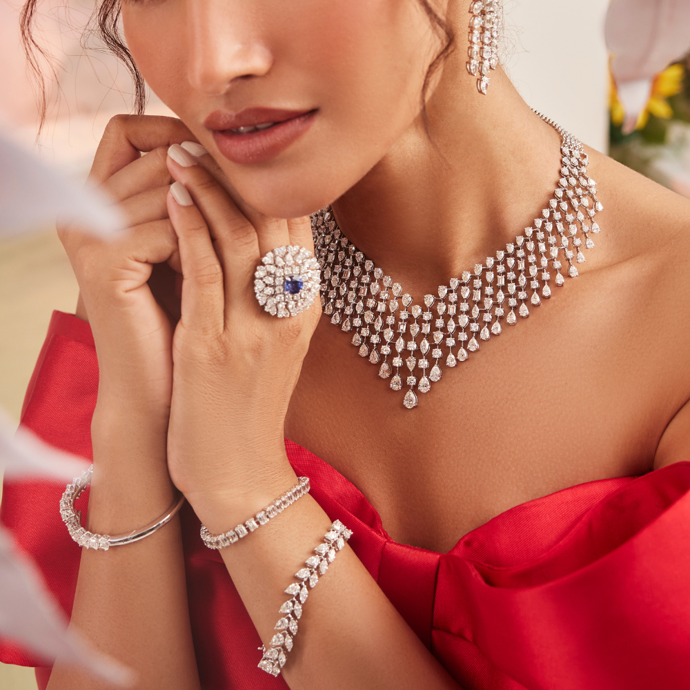Crystal Cascade Diamond Set – Necklace, Earrings, Bracelet & Ring